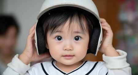 A young child is adjusting a white baseball helmet, getting ready to play with friends. The scene shows excitement and focus as they prepare for an activity indoors.の素材