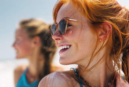 Two friends relax at the beach under the sun. They share smiles and laughter while enjoying the warm weather and ocean breeze. The beach setting enhances their joyful moment.の素材