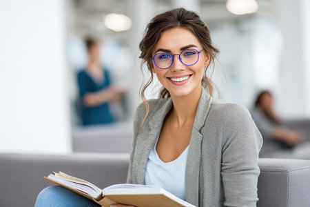 A young woman sits in a bright indoor area. She reads a book and smiles happily. Other people are engaged in different activities nearby.の素材