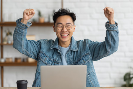 A young man sits at a wooden table with a laptop. He raises his fists in celebration. The room has a bright and open feeling with shelves in the background.の素材