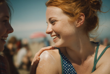 Two friends share a moment at the beach, laughing and talking with a clear sky above. People can be seen in the background, enjoying the day by the water.の素材