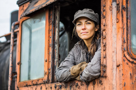 A woman sits in the cabin of a train, looking out the window. She wears work clothes and a cap. The atmosphere appears overcast with a focus on her expression.の素材