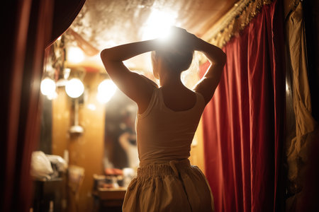 A person is standing in front of a mirror in a dressing room. The room has bright lights and red curtains. They are getting ready for a performance or event.の素材
