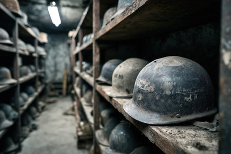 Rows of worn helmets are placed on wooden shelves in a dark space. Dust covers the helmets, showing signs of age. The area appears to be a historical display of military equipment.の写真素材