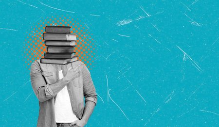A person stands confidently with a stack of books placed on top of their head. The bright blue background adds contrast. This art collage plays with themes of knowledge and identity.の写真素材