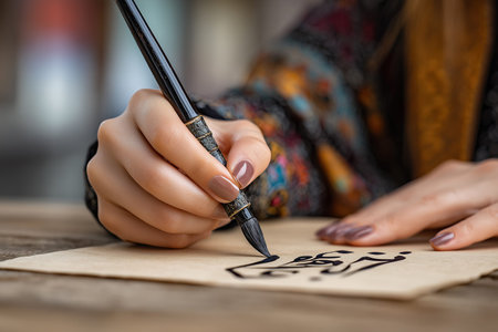 People are writing on paper during an event to celebrate Arabic Language Day. Participants are enjoying the activity and sharing their skills with others.の素材