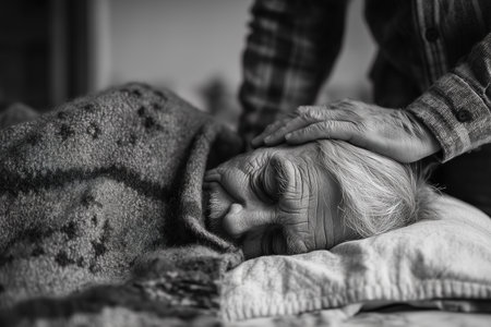 A family member gently adjusts a blanket on a sleeping senior who rests on a pillow. The scene shows care and warmth in a quiet home environment during the day.の素材