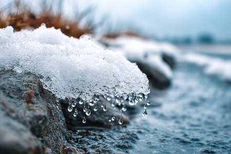 Snow is melting along a rocky edge by the water. Water droplets form and fall into the flowing water below. Grass can be seen in the background. It is a cool day.の素材