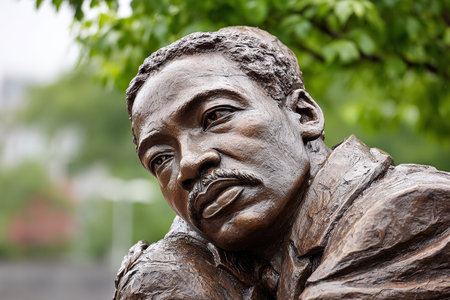 Bronze sculpture captures a close-up of a figure with a thoughtful expression in an outdoor park. The artwork displays intricate details surrounded by greenery on a cloudy day.の素材