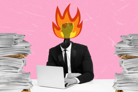 In a creative scene, a person in a suit sits at a desk with a laptop. Their head is replaced by flames. Piles of paper surround them. This shows stress at work.の写真素材
