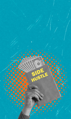 A hand raises a book showing the title Side Hustle. Bills of money are fanned out above the book....