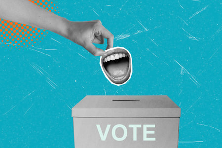 A hand reaches out to drop a mouth shape into a vote box. This art collage shows the action of...