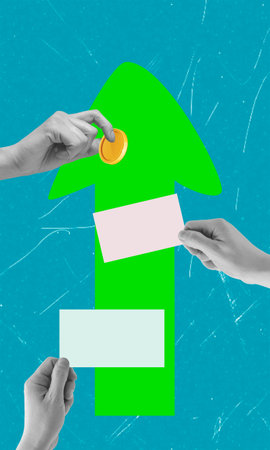 Hands are shown interacting with a bright green arrow on a blue background. One hand places a coin,...