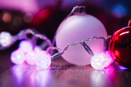 Christmas decorative glowing garland and white red  ball
