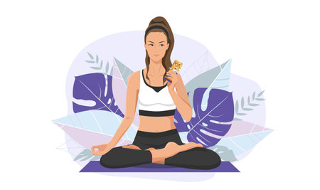 Young woman sitting in lotus position and meditating. vector illustrationのイラスト素材