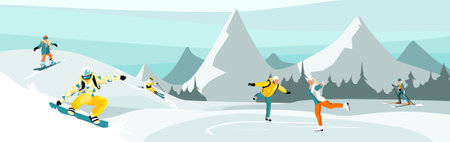 Snowboarders in winter mountains. Vector illustration in flat style.のイラスト素材