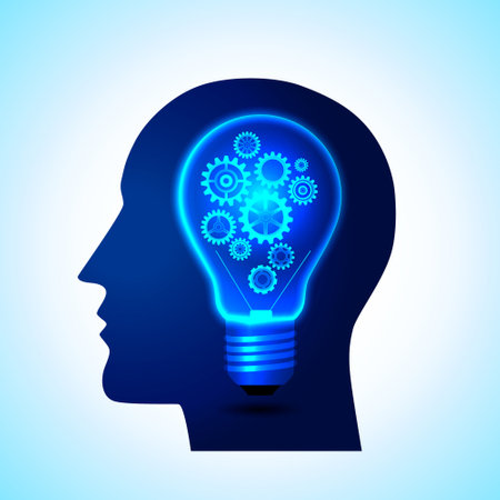 Human head silhouette with lightbulb and gears inside, vector illustrationのイラスト素材