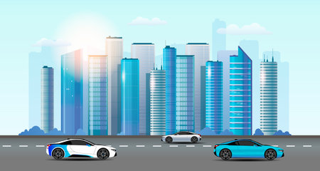Modern city with skyscrapers, roads and cars. vector illustration.のイラスト素材