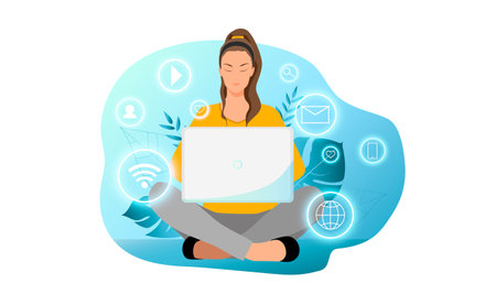 Woman sitting with laptop and social media icons. Vector illustration in flat styleのイラスト素材