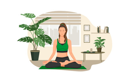 Yoga at home, woman sitting in lotus pose, vector illustrationのイラスト素材