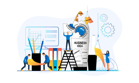 Startup business concept vector illustration. Flat tiny business people characters working with rocket launch. Teamwork, startup, brainstorming metaphor.のイラスト素材
