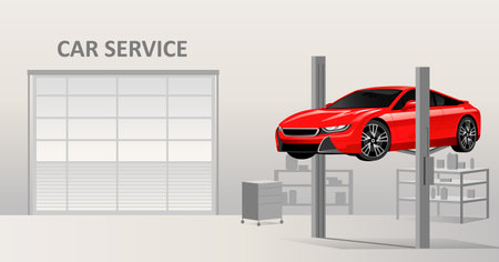 car repair service. Workshop with two-post lift for repair cars, automobiles. vector illustrationのイラスト素材