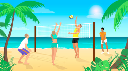 beach volleyball. People play volleyball on the beach against the azure sea. healthy lifestyle. Sports on the beach. vector illustration.のイラスト素材