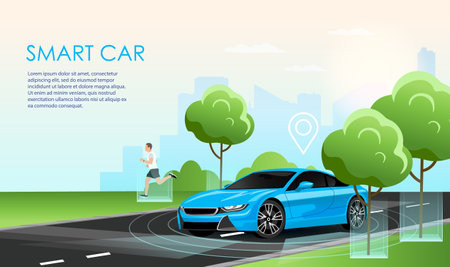 Smart self-driving car concept. Autonomous autopilot smart driverless electric car self-driving on road behind a man running. vector illustrationのイラスト素材