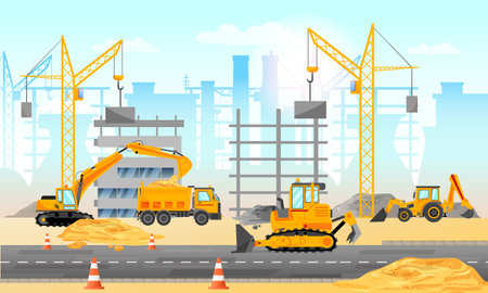 Construction site with construction mechanized and machinery equipment. Construction of modern buildings. vector illustrationのイラスト素材