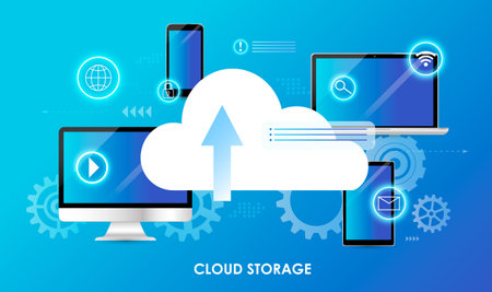 Computer, phone, tablet, laptop background. Network cloud storage, hosting, online service, 5G technology. Server clouds, personal information. Landing page template or web banner. vector illustrationのイラスト素材