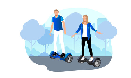 Modern young human riding, driving electric self-balancing gyroscooter. vector illustration.のイラスト素材