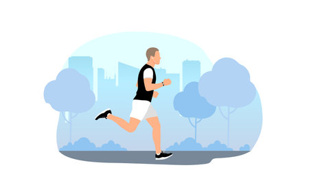 Young man run in the park. A sporty healthy lifestyle. Runner run in the park. vector illustrationのイラスト素材