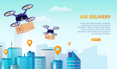Air delivery drone with the cardboard box flying over the city. Package delivery service by quadcopters and drones. vector illustrationのイラスト素材