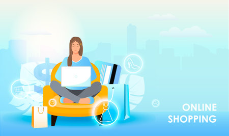Online shopping concept. Beautiful young woman sits with a laptop on her lap. Around the girl shopping basket, credit card, bag for shop. In the background is the urban landscape. vector illustrationのイラスト素材