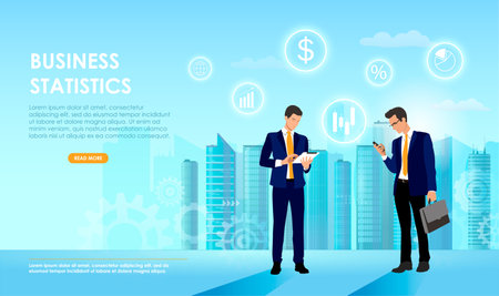 Businessmen with a smartphone and tablet use wireless Internet technology, with a smart city and communication network icons in the background. vector illustration.のイラスト素材