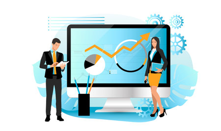 Businessman trader stock market broker analyzing charts graphs and rates on computer monitors at workplace conceptのイラスト素材