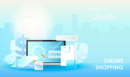 Online shopping concept with laptop, paper bag and credit card. Online shopping design for website landing template page. vector illustrationのイラスト素材