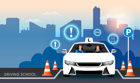 driving school. Driving lessons, license, instruction, passing test, ID card, international permit, exam preparation. vector illustrationのイラスト素材