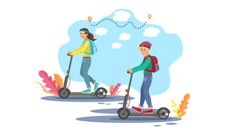 Vector cartoon illustration of people rolling on electric scooter. Ecological alternative transport concept. vector illustrationのイラスト素材