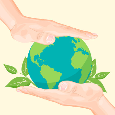 Concept of sustainability or environmental protection. Earth globe with green leaves in the hand of human. Save the planet concept. Protect nature and ecology background banner. vector illustration. vector illustrationのイラスト素材