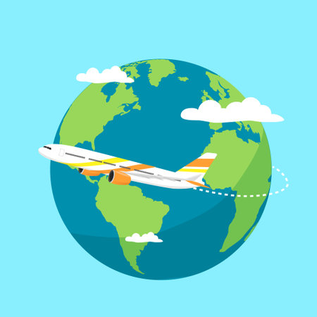 Airplane flies around the planet Earth with continents and oceans. White clouds hover above the ground. People travel the world on airplanes. Logo, icon, symbol. flat design. vector illustration.のイラスト素材