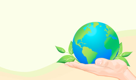 Concept of sustainability or environmental protection. Earth globe with green leaves in the hand of human. Save the planet concept. Protect nature and ecology background banner. vector illustration. vector illustrationのイラスト素材