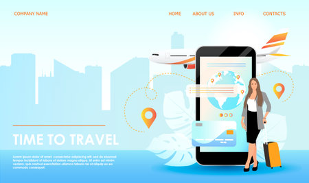 Online application for buying air tickets, travel planning, hotel booking. Page for the website of a travel company. Woman with suitcase on a blue background of the cityscape. vector illustration.のイラスト素材
