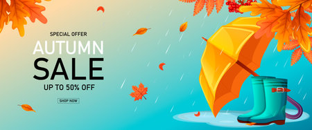 autumn composition. Maple and oak leaves, ash berries, umbrella, rubber boots on blue background. Special offer, sale, shop now. vector illustrationのイラスト素材