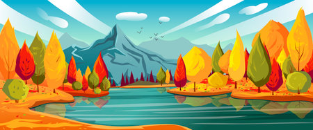Autumn clear day landscape. Poster of red, yellow, green, brown trees and pure river, mountain on background. Big and small clouds, birds fly in the sky. season wallpaper. vector graphic illustrationのイラスト素材