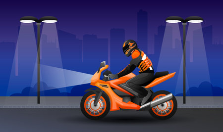 Biker is riding on an orange sportbike at night. Lamps and roads in the foreground. Cityscape with skyscrapers in the background. vector graphic illustrationのイラスト素材
