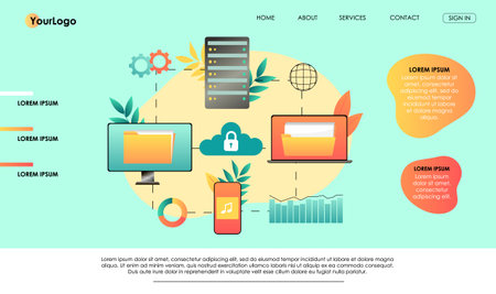 Cloud storage design concept. Internet data exchange technology. Digital information protection service. Different device secure data transmission. Abstract wireless database. vector illustrationのイラスト素材