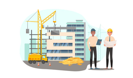 Engineers are discussing new creative plan of building. Architecture with truck, construction crane and sand in the background. vector graphic illustrationのイラスト素材