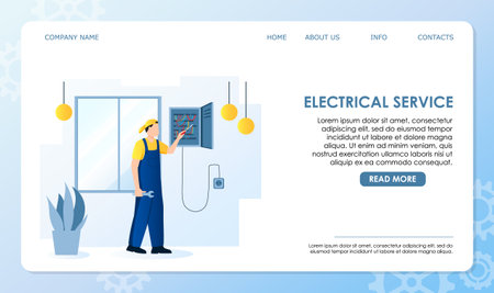 Professional worker of electrical service in blue overall with wrench, screwdriver repair elctricity indoor of house, apartment. Electrical outlet, cord on wall. vector illustrationのイラスト素材