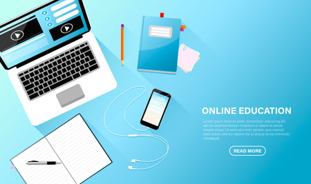 Online education banner on blue background. Notebook, pen, pencil, paperclips, smartphone, headphones on study workplace. Laptop with website on screen. Internet course concept. vector illustrationのイラスト素材